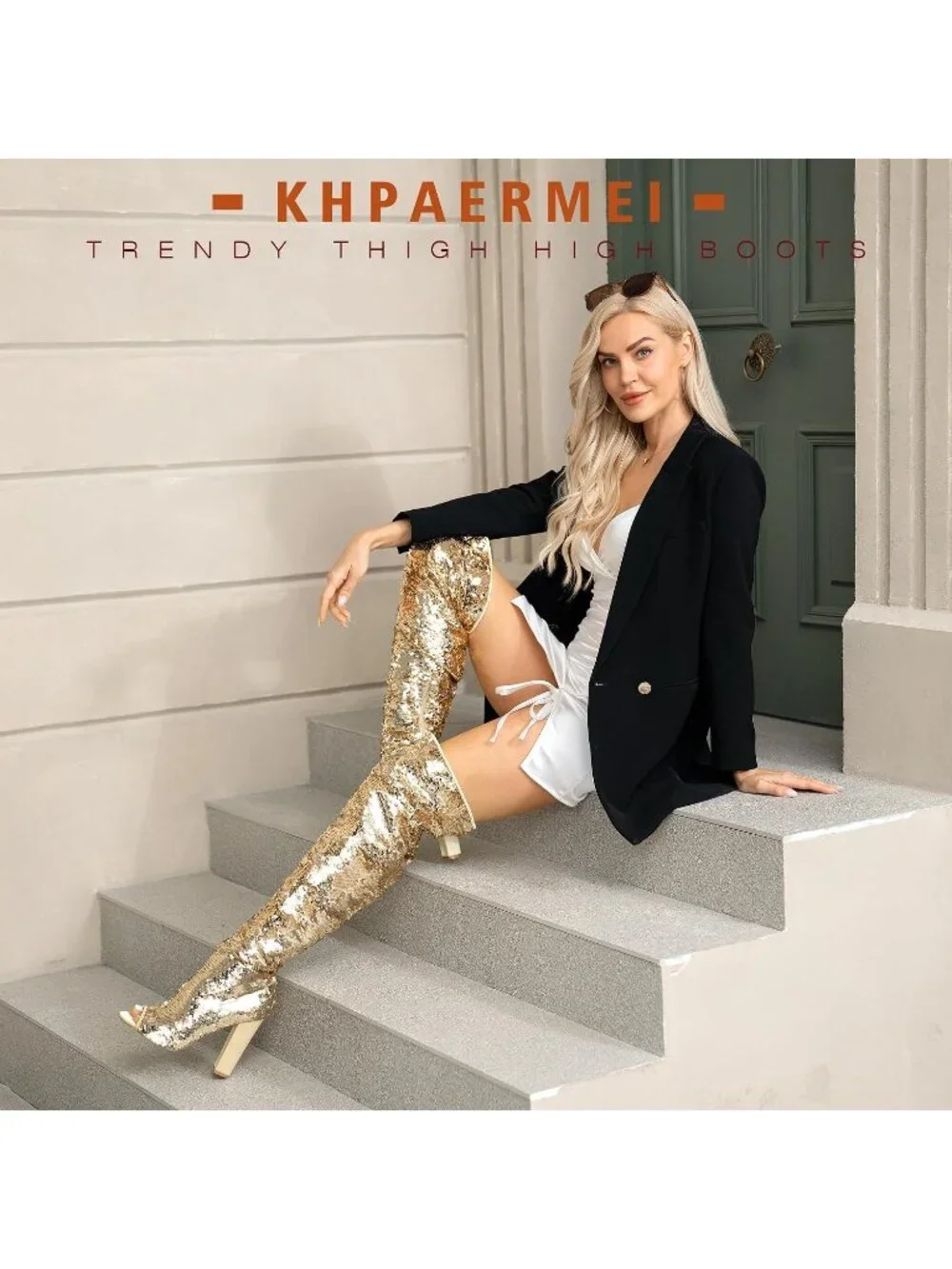 Women's Gold Chunky High Heels Open Toe Sequin Over The Knee Thigh High Boots
